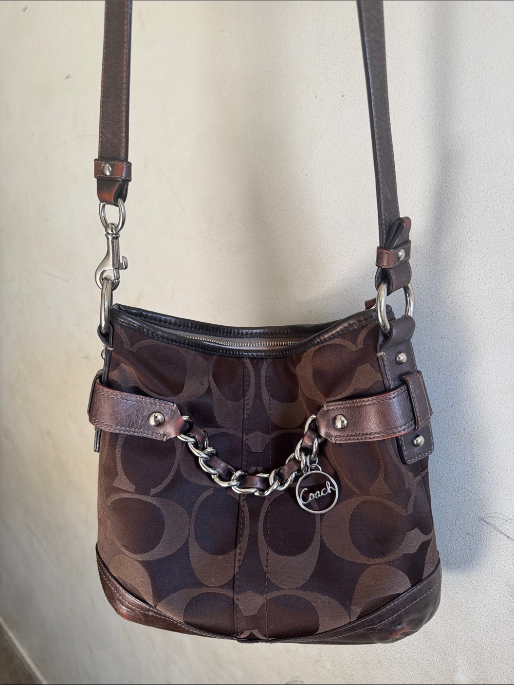 COACH Dark Brown Signature Jacquard Crossbody Bag with Chain Detail